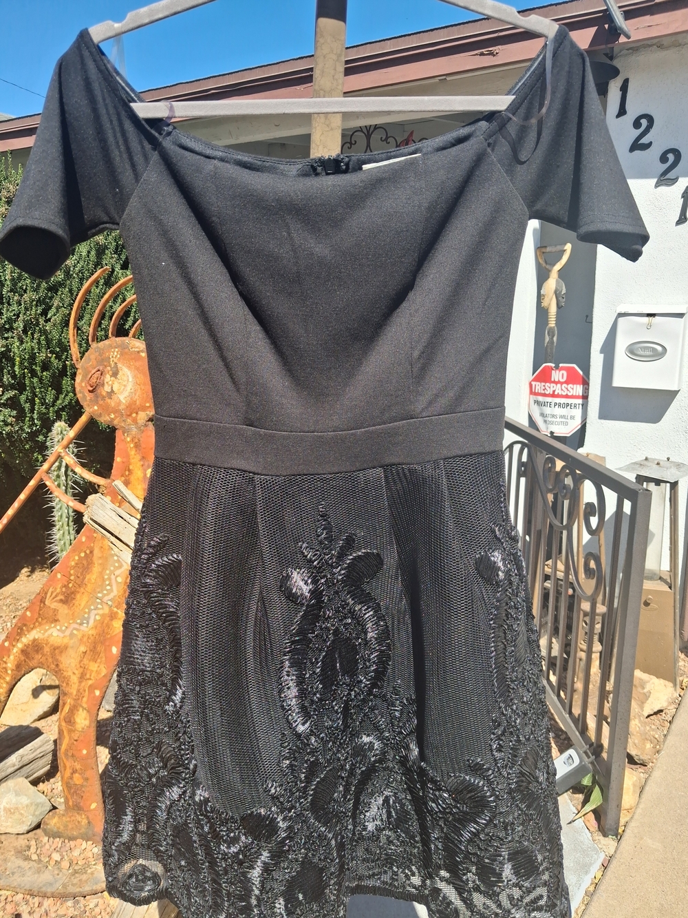 Francesca's Collections Black Off-Shoulder Formal Dress with Embroidered Skirt